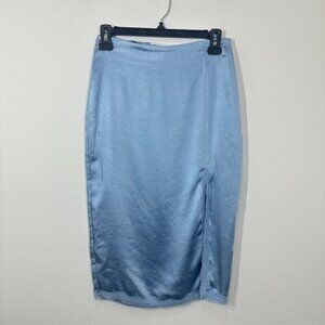 Lush Size XS Baby Blue Satin Midi Length Pencil Skirt Lace Trimmed Pinup Retro